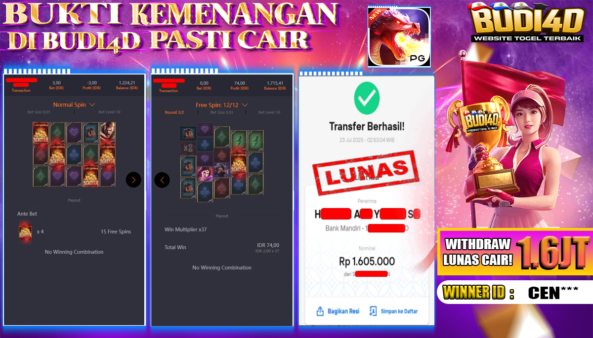 BUDI4D JACKPOT USERID: CEN*** SLOT PGSOFT DRAGONS TREASURE QUEST Rp.1.605.000,- LUNAS